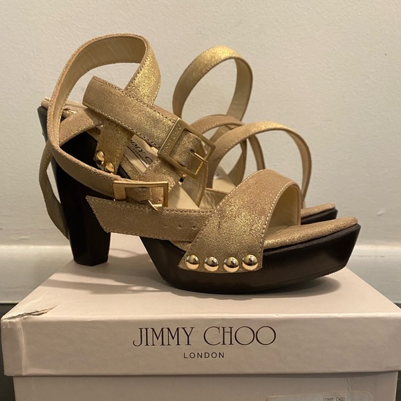 Jimmy Choo Gold Metallic Suede Wood Heel Studs Double Ankle Strap Sandal 38 - Picture 2 of 5